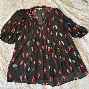 Anthropologie Daniel Rainn Chic Black Sheer Bird Blouse with Colorful Print